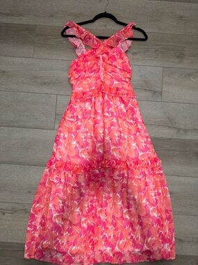 Floral Pink & Coral Maxi Sundress with Ruffle Straps